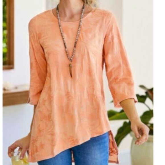 Soft Surroundings Peach Cecile Asymmetrical Floral Embroidered 3/4 Sleeve Tunic - Picture 1 of 13